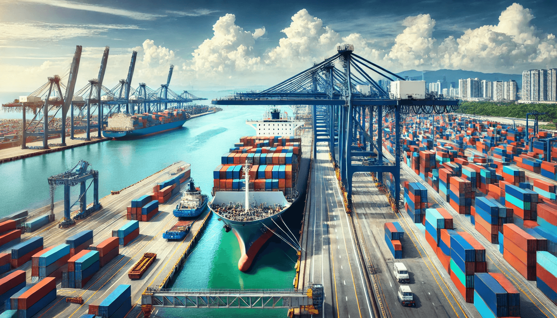 A professional scene depicting a sea freight cargo ship at a bustling Malaysian port stacked shipping containers and cranes